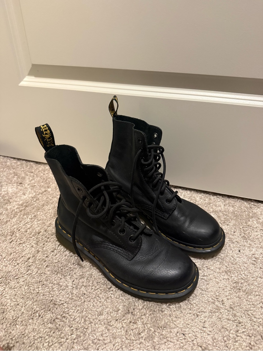 Dr. Martens Black Leather Lace-Up Combat Boots with Yellow Stitching